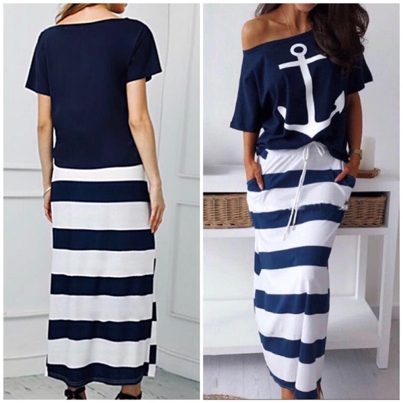 2 piece maxi skirt / t shirt striped anchor print size small - Picture 3 of 15